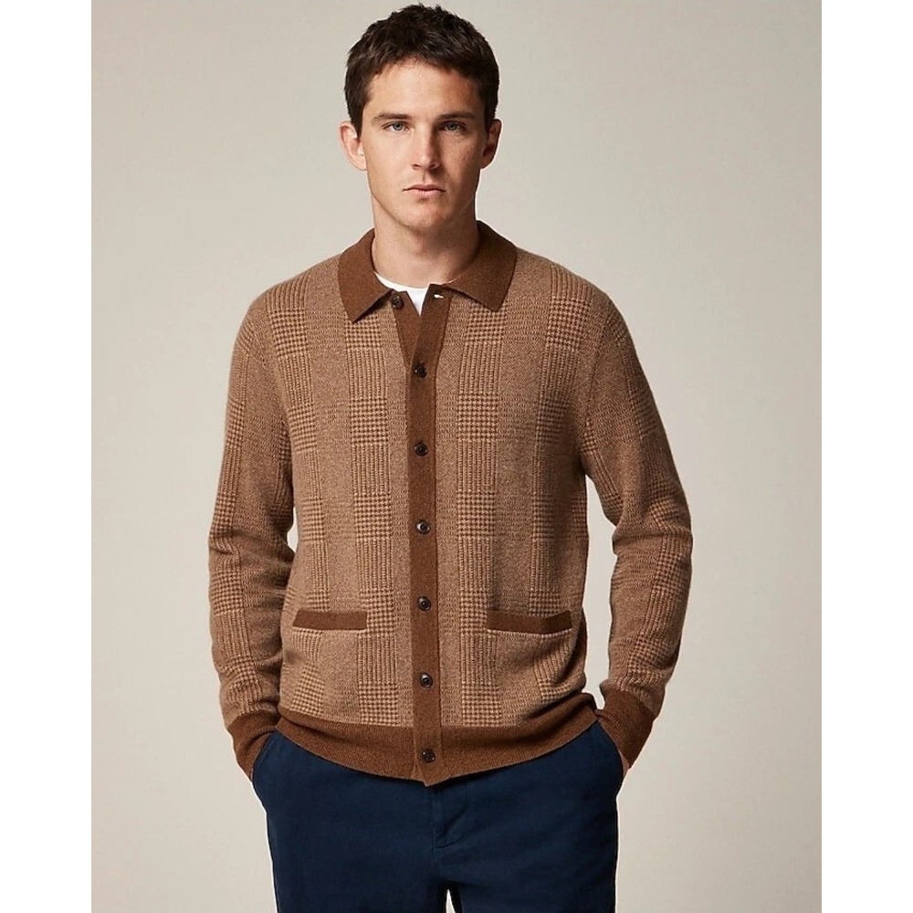 J. Crew Cashmere Cardigan Polo Button Up Sweater Brown Glen Plaid Sz XXL Dadcore